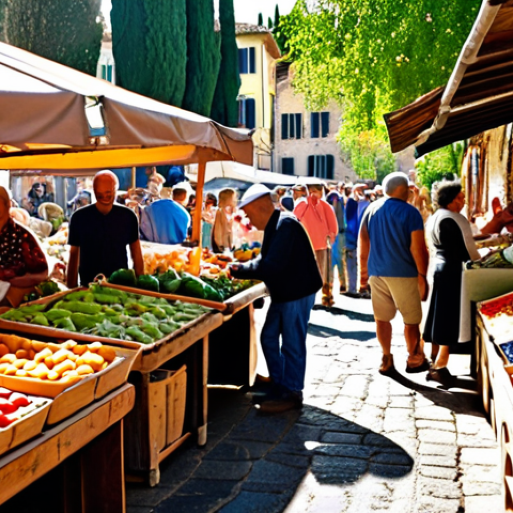 **

Prompt: A bustling farmer's market in Tuscany, Italy. Focus on fresh, seasonal produce displayed on wooden stalls. Include vendors interacting with customers, showcasing the close connection between local farmers and the community. Capture the vibrant colors and textures of the fruits, vegetables, and handmade goods.  Sunlight dappled through trees, creating a warm and inviting atmosphere. Emphasize the "kilometro zero" concept of locally sourced food.

**