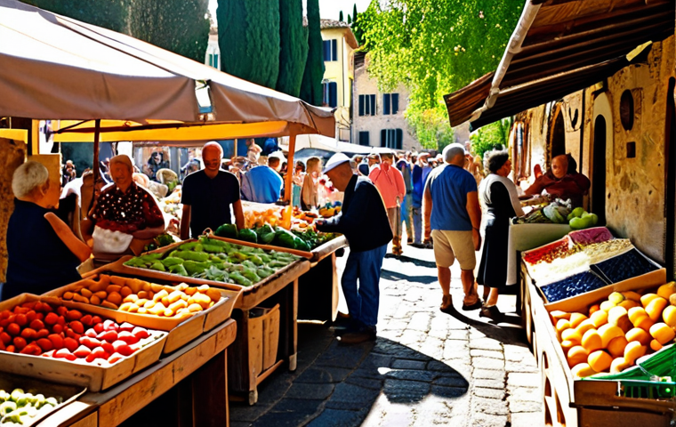 **

Prompt: A bustling farmer's market in Tuscany, Italy. Focus on fresh, seasonal produce displayed on wooden stalls. Include vendors interacting with customers, showcasing the close connection between local farmers and the community. Capture the vibrant colors and textures of the fruits, vegetables, and handmade goods.  Sunlight dappled through trees, creating a warm and inviting atmosphere. Emphasize the "kilometro zero" concept of locally sourced food.

**