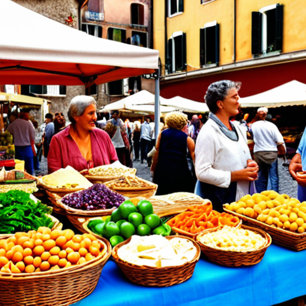 **A vibrant farmers market in a bustling Italian piazza.** Focus on the colorful produce, smiling vendors interacting with customers, and the overall sense of community. Include elements like woven baskets, local cheeses, and fresh pasta. The light should be warm and inviting, showcasing the beauty of sustainable agriculture and short supply chains.