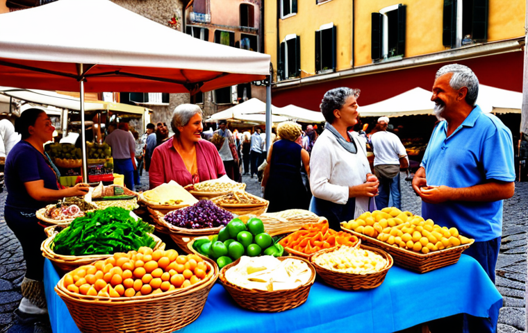 **A vibrant farmers market in a bustling Italian piazza.** Focus on the colorful produce, smiling vendors interacting with customers, and the overall sense of community. Include elements like woven baskets, local cheeses, and fresh pasta. The light should be warm and inviting, showcasing the beauty of sustainable agriculture and short supply chains.