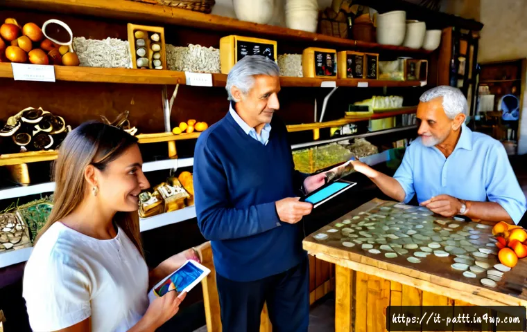 금융 혁신과 대안경제 모델의 접목 - Photorealistic Italian community finance scene in a sunlit cooperative workspace, an older shop owne...