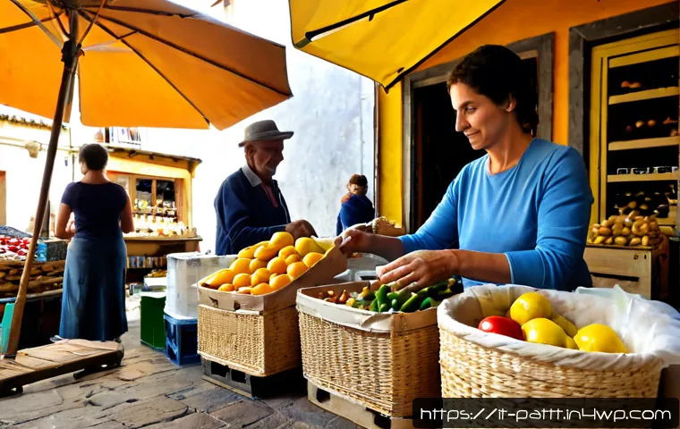 Home 17 글로벌화와 대안경제 모델의 상관관계 - Photorealistic editorial scene in a sunlit Italian cooperative food market, an older local farmer an...